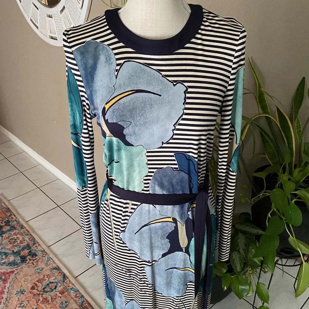 Tory Burch Silk LKNW Dress Long Sleeve Striped Floral Print Large Belted